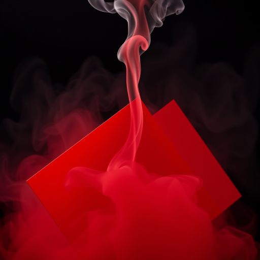 Create an abstract image of red geometric shapes with a smoke effect rising, using a DSLR camera at f/8, ISO 100, 50mm lens, shot in a low-light environment to enhance contrast and detail.