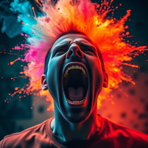 Create a high-resolution portrait of a man screaming with vibrant colors exploding around his head, using a DSLR camera with a 50mm lens, aperture set to f/1.8, ISO 100, and a low-angle view to enhance depth and drama.