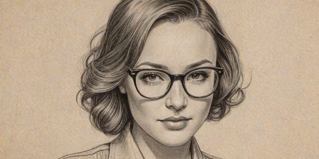 Exquisite Briana Evigan, pencil sketch, portrait of Lovely woman 1940s in glasses, hair style beatnik, outline, clear lines, fine lines, 8k