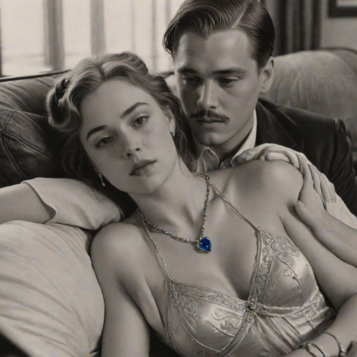 A hyperdetailed photorealistic black and white pencil sketch of the scene from the film Titanic where Jack is sketching Rose's portrait on his art pad as she reclines on the couch, wearing a bright sapphire blue diamond necklace with a heart-shaped diamond. The drawing on his art pad resembles Rose. Both Rose and the drawing of Rose are shown in the same image.