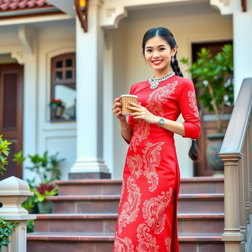 Chinese girl with a sweet smile wearing a red shivalai Thai dress, diamond jewelry, braided hair, holding a cup of hot coffee, wearing white high heels, standing on the stairs, Thai style house.