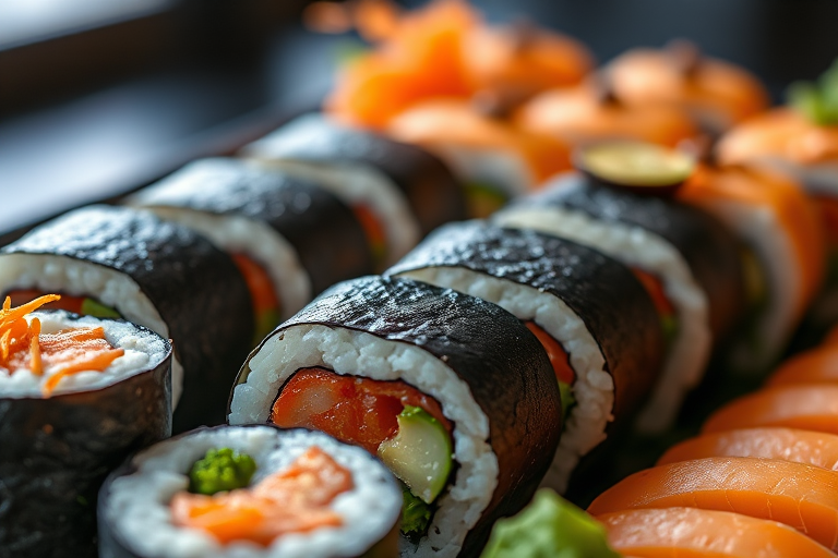 capture a close-up of an elegantly arranged platter of sushi rolls with vibrant colors and textures, using a Canon EOS R5 camera with a 50mm f/1.2 lens, aperture set to f/2.8, ISO 100, and a shutter speed of 1/60 seconds, natural soft light to enhance details and depth of field.