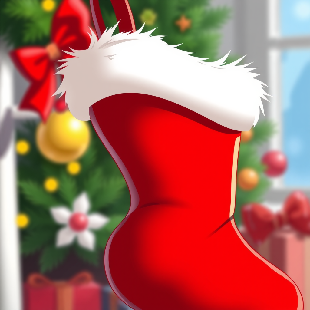 Create a vibrant cartoon-style image of a red Christmas stocking with a fluffy white top, high-resolution, close-up view, f/2.8 aperture, ISO 100, 50mm lens, soft lighting, stylized illustration.
