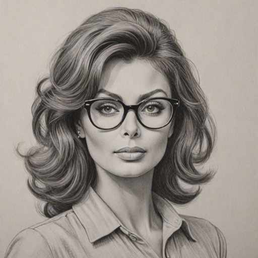 Beautiful Sophia Loren, pencil sketch, portrait of beautiful woman 60s in glasses, hair style beatnik, outline, clear lines, fine lines, 8k