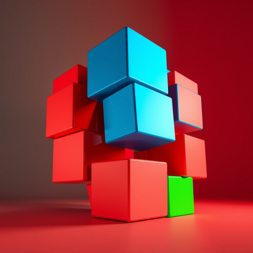 Create a 3D illustration of interlocking cubes in red, blue, and green colors, using a Canon EOS R5 camera with a 35mm lens at f/8, ISO 100, and a low-angle view to emphasize depth and perspective.