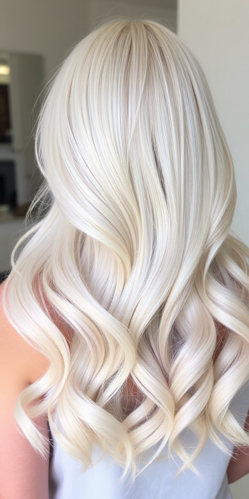 Elegant platinum blonde waist-length waves dubbed "Moonlit Cascade" with pearlescent undertones and soft face-framing tendrils, creating a ethereal and romantic appearance