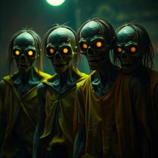 Create an eerie scene featuring four humanoid zombie figures with glowing eyes, wearing tattered yellow and green clothing, with cracked and decaying skin, dimly lit by green and yellow ambient light, shot with a Canon EOS R5 at f/1.8, ISO 800, 50mm lens, portrait orientation, shallow depth of field for a cinematic effect.
