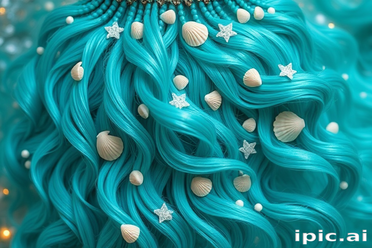 Vibrant teal mermaid waves cascade down to the waist, shimmering with iridescent highlights and adorned with delicate seashell accessories, creating an enchanting oceanic allure named Aquamarine Siren
