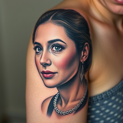 Photorealistic color portrait tattoo of a loved one on the upper arm, capturing every detail with lifelike precision and subtle color gradients