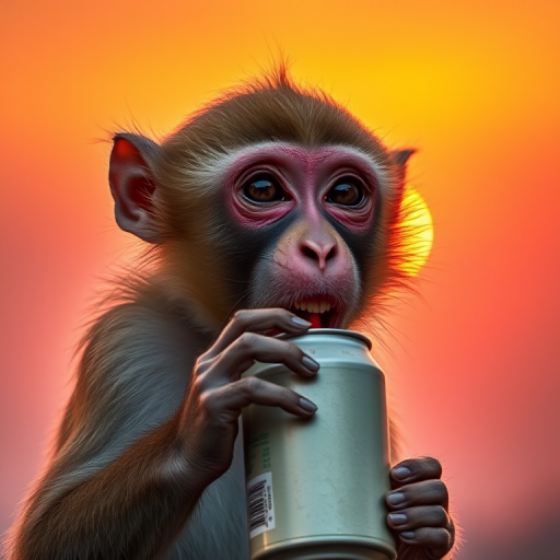 monkey drinking from a can against a sunset background, DSLR camera, 50mm lens, f/2.8 aperture, ISO 100, natural lighting, portrait view, vibrant colors, high dynamic range