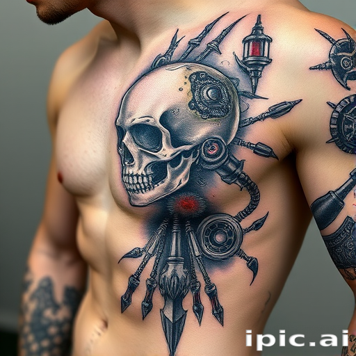 Biomechanical tattoo style titled "Cybernetic Fusion" blending organic forms with mechanical components, creating the illusion of exposed robotic parts beneath the skin
