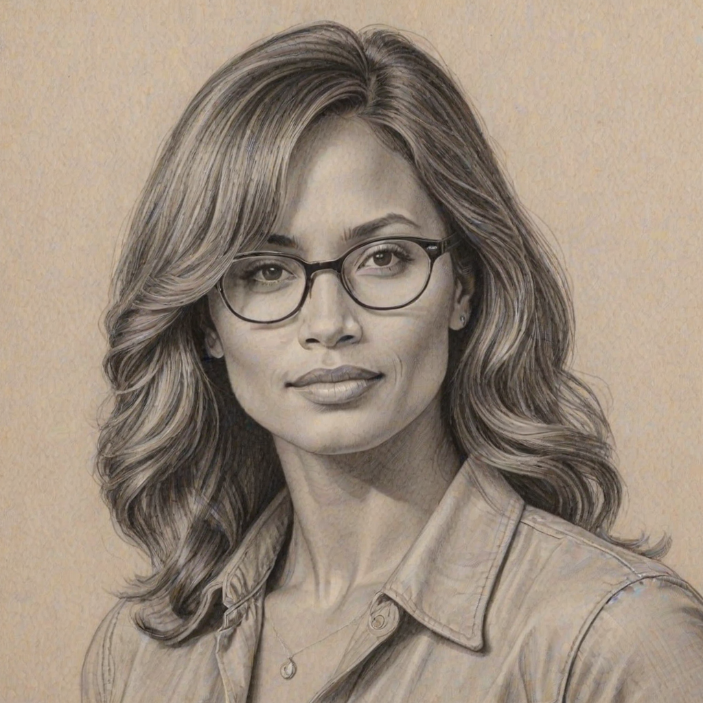 Ravishing Dwayne Johnson, pencil sketch, portrait of Charming woman 1979s in glasses, hair style beatnik, outline, clear lines, fine lines, 8k