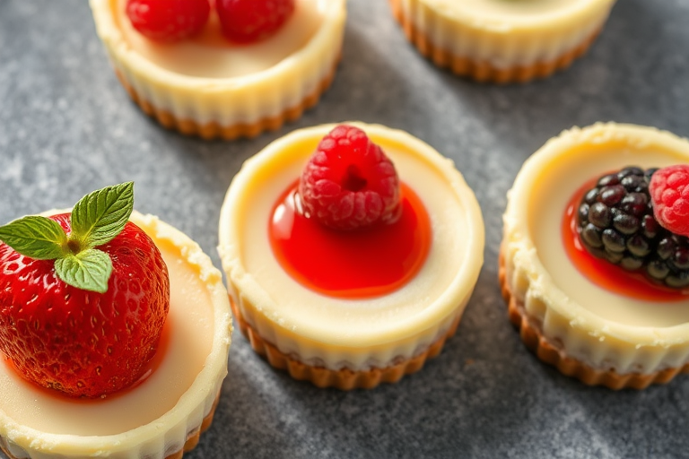 Create an image of miniature cheesecakes arranged on a gray surface each topped with different fruits such as a strawberry with leaves a raspberry and a blackberry with a red sauce in the center. The cheesecakes should have a crumbly crust and a smooth creamy filling with a decorative paper liner.
