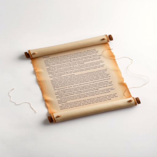 Create a vintage scroll on a plain background with soft lighting, using a DSLR camera with a 50mm lens at f/2.8, ISO 100, and a shallow depth of field to enhance detail and texture.