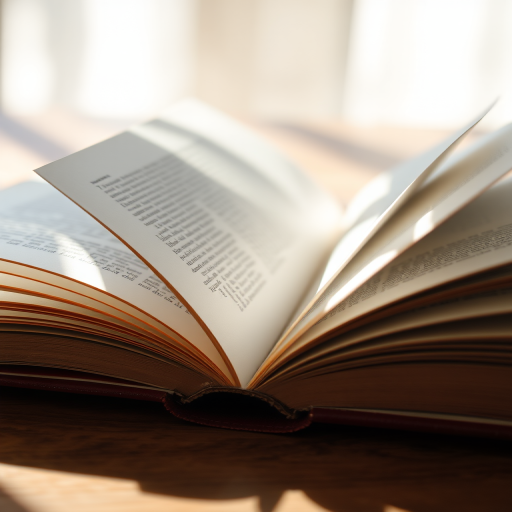 capture an open book with fanned pages on a wooden surface, soft natural light creating shadows, use a 50mm lens at f/2.8, ISO 100, 1/125s, in a shallow depth of field for a dreamy effect, focus on the texture of the pages