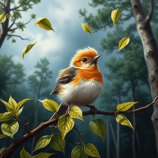 airbrushed oil painting,  a cute little bird, sitting on a branch with lush leaves, startled eyes, his feathers ruffled and blown up, leaves in the air, background bending trees in a forest, storm clouds