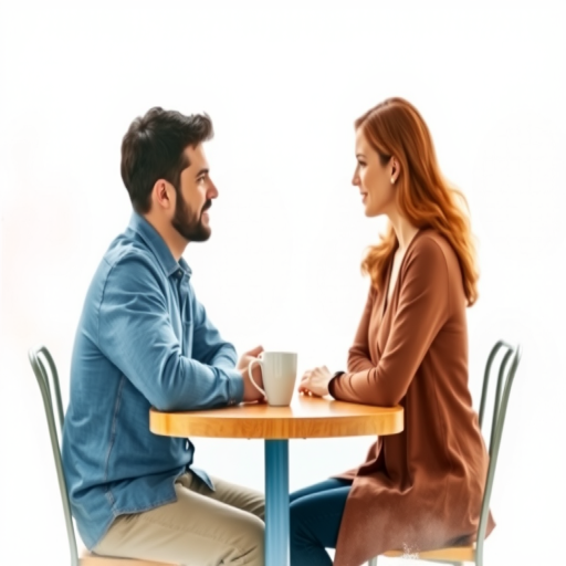 Regenerate an image of a man and woman sitting across from each other at a table with a cup on it, watercolor style, soft background, shot with a Canon EOS R5, 50mm lens, aperture f/1.8, ISO 100, natural light, shallow depth of field.