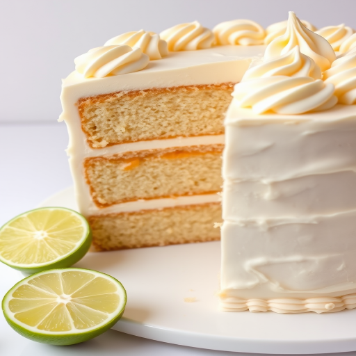 A beautifully layered vanilla cake with creamy white frosting and subtle caramel layers, showcasing a slice that reveals its moist texture and fluffy interior, accompanied by a fresh lime on the side, set against a simple white background.