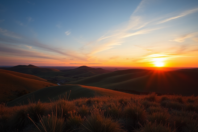 Create a high-resolution image of a serene landscape featuring rolling hills and a vibrant sunset in the background, using a DSLR camera with a 50mm lens at f/2.8, ISO 200, and a shutter speed of 1/200 sec, shot from a low angle to capture the foreground details and emphasize the expansive sky.