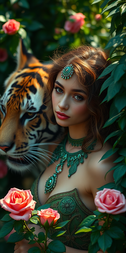 Create a lush, enchanting scene of a young woman adorned in emerald jewelry, with intricate designs, beside a majestic tiger, surrounded by vibrant green foliage and blooming roses, captured with a Canon EOS R5, 50mm lens, aperture set to f/1.8 for a shallow depth of field, and soft natural lighting to enhance the mystical atmosphere.