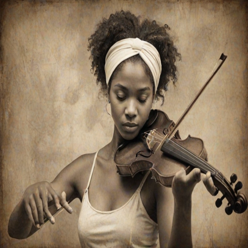 a young African American woman with a white headband playing a violin, in the style of a charcoal drawing, sepia grunge background