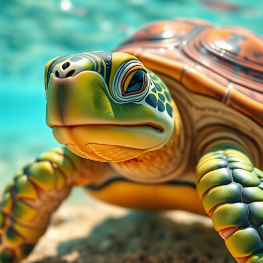 Create a vibrant cartoon-style image of a green turtle with a brown shell, using a Canon EOS R5 camera, 24mm lens at f/8, captured from a low angle in bright daylight to enhance colors and details.
