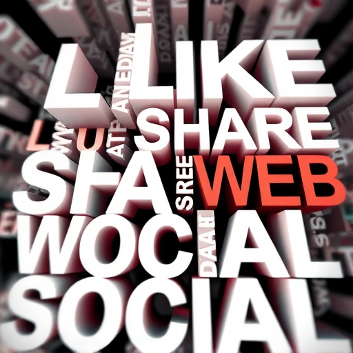 Create an abstract image with the words "LIKE," "SHARE," "DATA," "WEB," and "SOCIAL" repeated in varying sizes and orientations, using a high-resolution digital camera, f/8 aperture, 50mm lens, ISO 200, shot from a low angle perspective to emphasize depth and perspective.