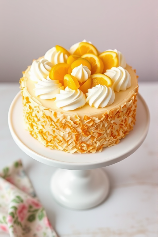 A beautifully decorated cake on a white pedestal with toasted coconut flakes covering the sides and a bright yellow passion fruit topping surrounded by swirls of white frosting on top. The background features a soft, light-colored setting with a floral patterned napkin.