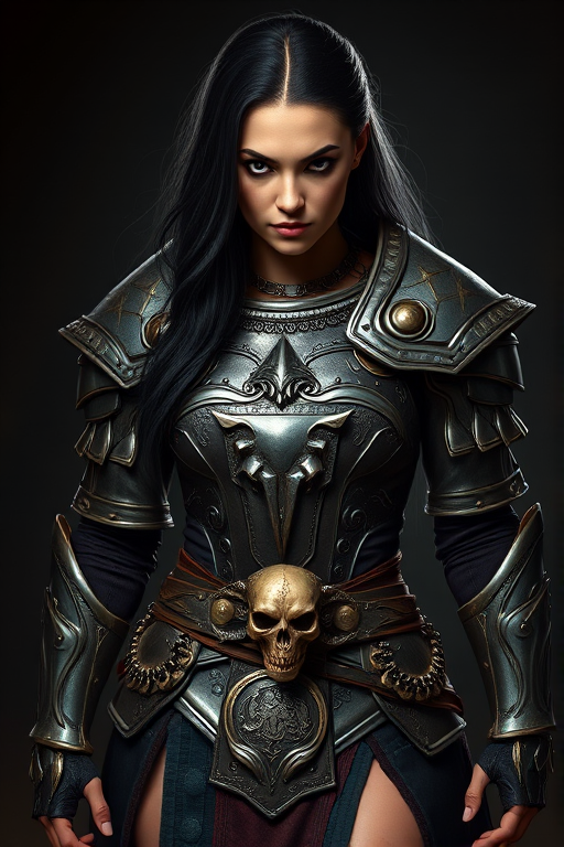 Create a photo of a fierce Caucasian female warrior with long black hair, wearing an ornate, metallic armor. The armor includes a breastplate with intricate designs, shoulder guards, and gauntlets. The breastplate is decorated with a central emblem, possibly representing a mythical symbol, and has a sculpted, form-fitting design. She wears a belt with a large skull ornament at the center, and her armor extends into a partial skirt, revealing one leg. The overall look is both protective and stylish, with a dark, gothic aesthetic. The background is dimly lit, suggesting a medieval or fantasy setting, enhancing the warrior's imposing presence and intense expression.