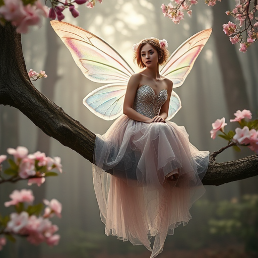 Create an ethereal fairy portrait sitting on a tree branch, with iridescent wings and a shimmering gown adorned with jewels, surrounded by soft pink flowers and a misty forest background, captured with a Canon EOS R5 at f/1.8, 50mm lens, natural light, shallow depth of field for a dreamy effect.