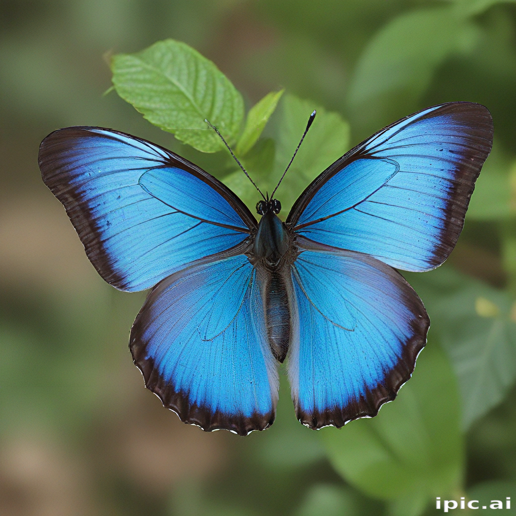 A Stunning Blue Butterfly Resting Gracefully on a Green Leaf.