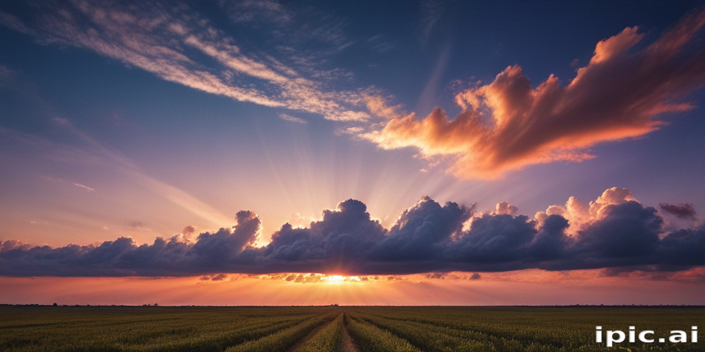 Majestic Sunset Over the Fields with Dramatic Clouds and Sunlight Rays