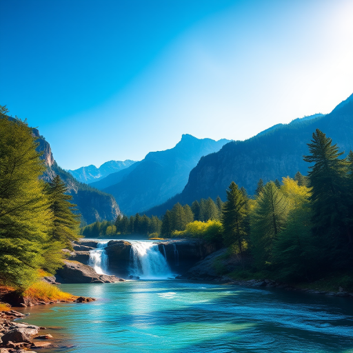 Create a vibrant landscape image featuring a serene waterfall cascading into a tranquil river surrounded by lush green trees, with majestic mountains in the background under a clear blue sky, captured with a DSLR camera at f/8, ISO 100, 1/125s shutter speed, using a wide-angle lens for a panoramic view.