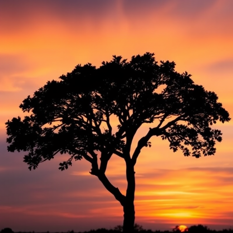 Create a high-resolution silhouette image of a tree against a sunset background, using a DSLR camera with a 50mm lens, aperture f/1.8, ISO 100, and a wide-angle view to capture the vibrant colors of the sky.