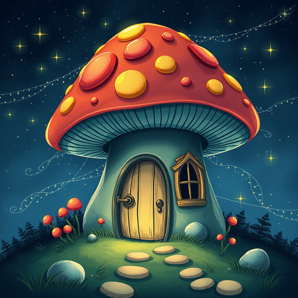 create illustration of a mushroom house with a door and a window, a storybook , fantasy art, mushroom house, bg starry sky, sparkles