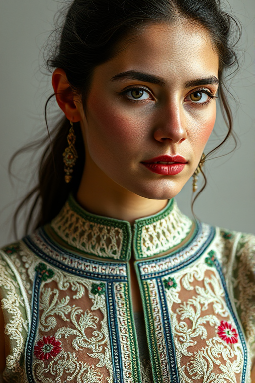 Face, shoulders, chest covered in openwork Pakistani embroidery. Raw, unedited image.