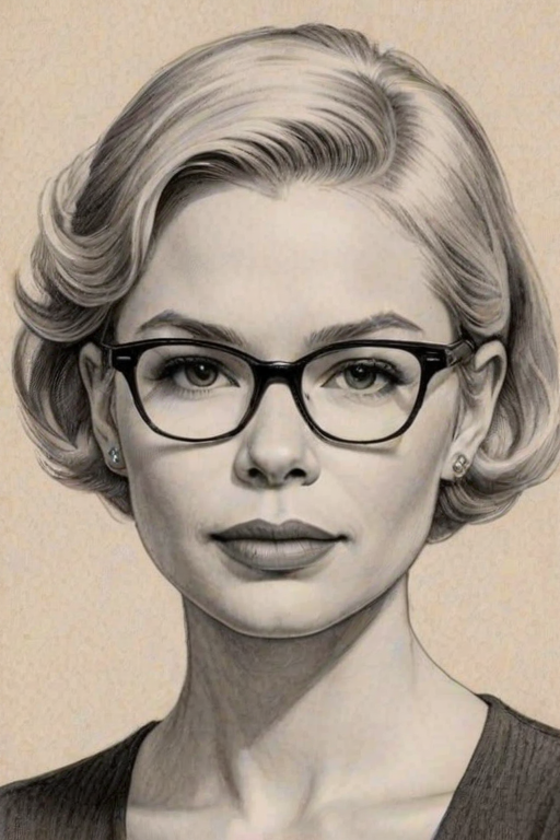 Attractive Michelle Williams, pencil sketch, portrait of Elegant woman 1946s in glasses, hair style beatnik, outline, clear lines, fine lines, 8k