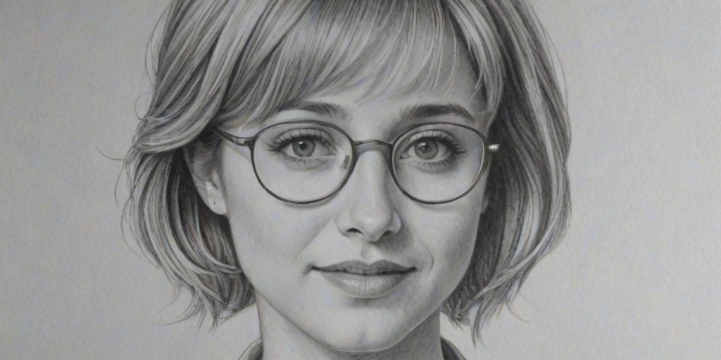 Alluring Allison Mack, pencil sketch, portrait of Wonderful woman 1971s in glasses, hair style beatnik, outline, clear lines, fine lines, 8k