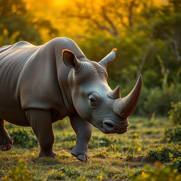 Capture a detailed image of a rhinoceros walking in a lush, green environment during golden hour using a Canon EOS R5 with a 24-70mm f/2.8 lens at f/4, ISO 100, shutter speed 1/200 sec, with a shallow depth of field for a soft background.