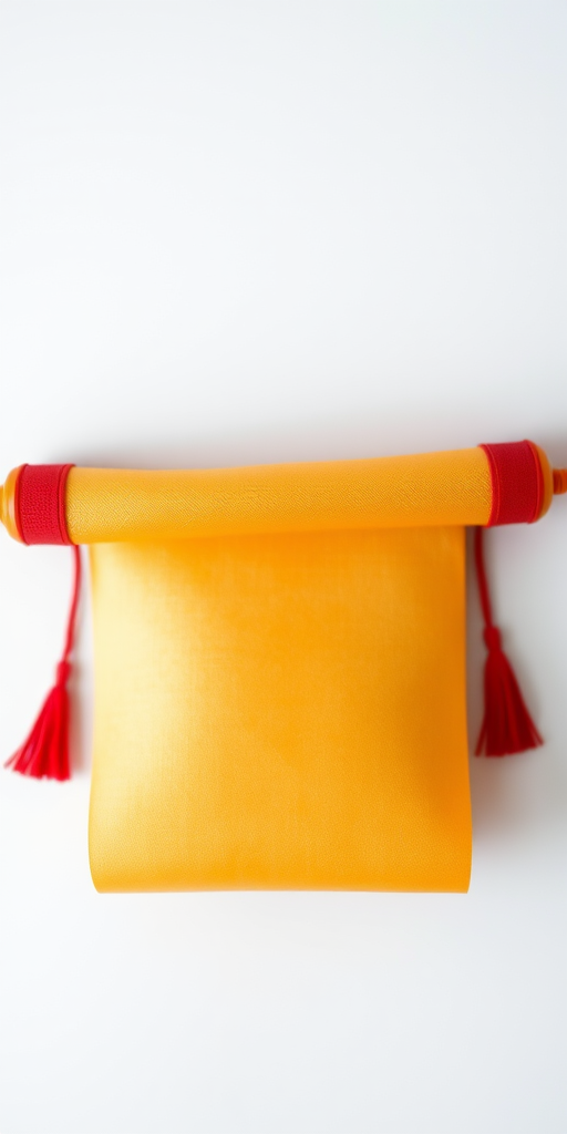 Create a high-resolution image of a decorative scroll with red ends, featuring a gradient from orange to yellow in the body, shot with a DSLR camera at f/2.8, ISO 100, with a shallow depth of field and a top-down view to enhance details and colors.