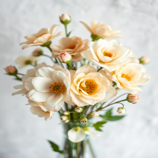 create a soft-focus floral arrangement in pastel tones with beige and cream flowers against a textured background, shallow depth of field, 50mm lens, f/2.8, natural light, DSLR camera, high resolution