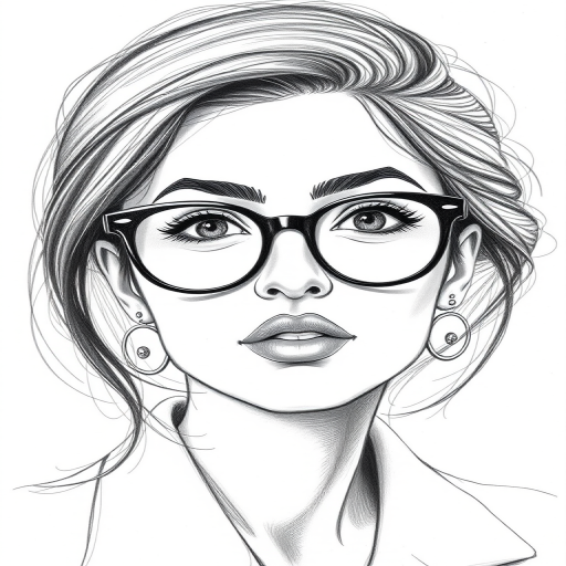 beautiful mia khalifa, pencil sketch, portrait of beautiful woman 60s in glasses, hair style beatnik, outline, clear lines, fine lines, 8k
