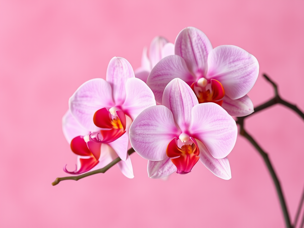 Orchid flowers in vibrant colors against a textured pink background, using a Canon EOS 5D Mark IV, f/2.8 aperture, 1/250 sec shutter speed, ISO 100, macro lens, soft focus style.