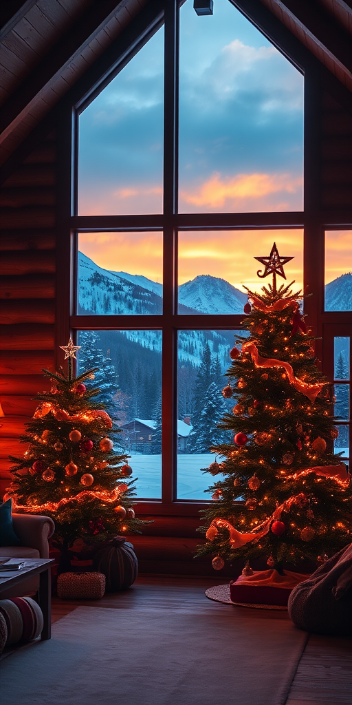 Generate an image of a cozy cabin interior during winter, featuring a beautifully decorated Christmas tree with ornaments and lights. The scene includes large windows showcasing a stunning snowy mountain landscape at sunset, with warm light illuminating the cabin's wooden features.