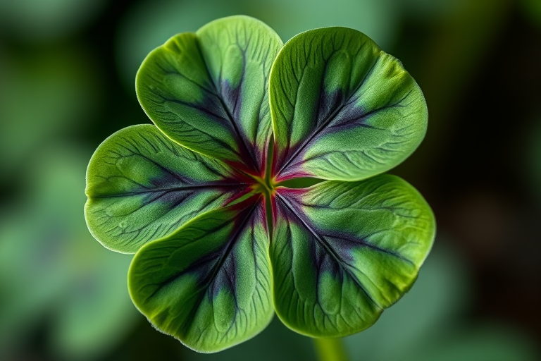 a close-up of a four-leaf clover with rich green leaves and dark purple veins, captured with a macro lens on a DSLR camera, aperture f/2.8, ISO 100, 1/200 sec exposure, light softening from a diffused natural light source, high-resolution image against a smooth blurred background