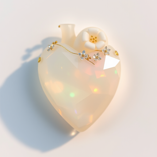 a human heart made of facet cut opal crystal, decorated with small crystal flowers, pastel colors, fine subtle gold details, white background, small drop shadow, beautiful light incidence, prism.