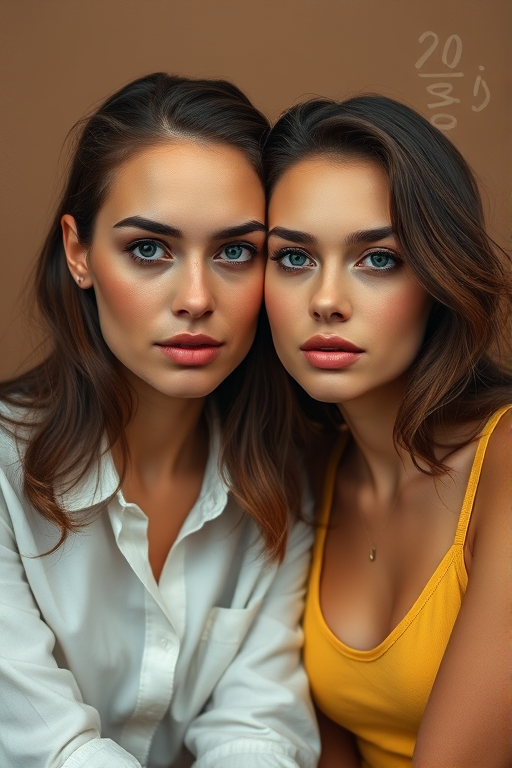 Generate a high-resolution digital painting of two women with expressive features, one in a white shirt and the other in a yellow tank top, sitting closely with a soft brown background, using a Canon EOS R5 camera, 50mm lens, aperture f/1.8, ISO 100, in natural lighting for enhanced detail and color vibrancy.
