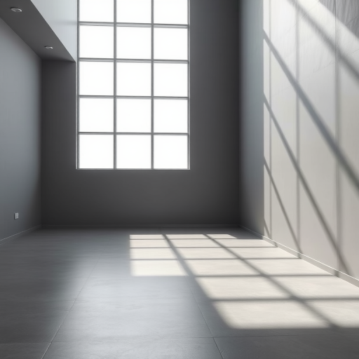 interior of a modern minimalist room with gray walls and a smooth floor, large windows allowing soft natural light, subtle shadows enhancing depth, captured with a DSLR camera, 24mm lens, aperture f/8, ISO 200, soft focus effect, wide-angle view for spacious feel