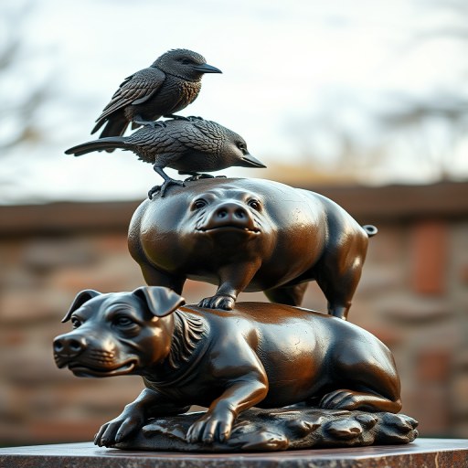 Create a hyper-realistic image of a bronze sculpture featuring a dog at the bottom, a pig in the middle, and a bird on top, captured with a Canon EOS R5, 50mm lens, f/1.8 aperture, ISO 100, in a soft natural light setting, with a shallow depth of field to enhance details and textures.