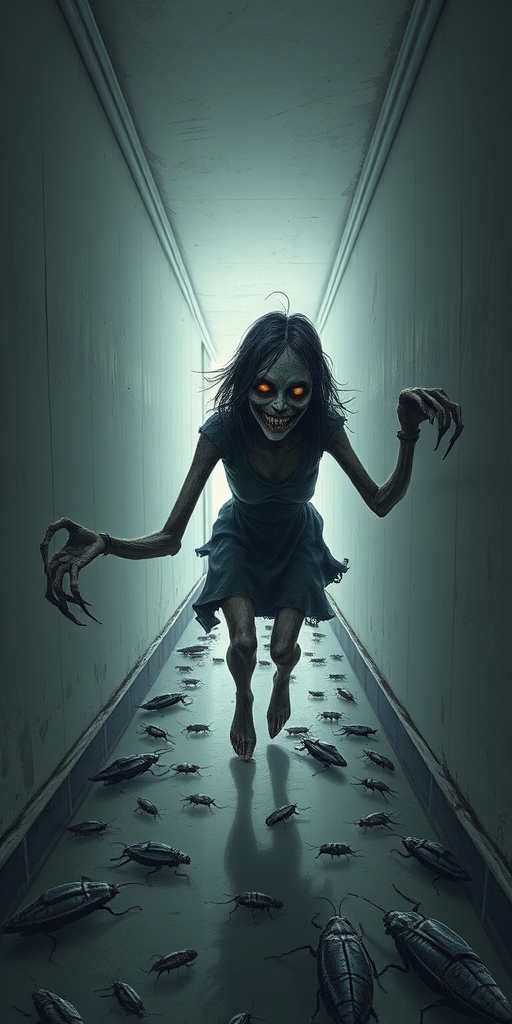 a crooked female with long arms and a creepy smile is crawling along a long white corridor and you can also see cockroaches in it there is a creepy atmosphere creepy art style